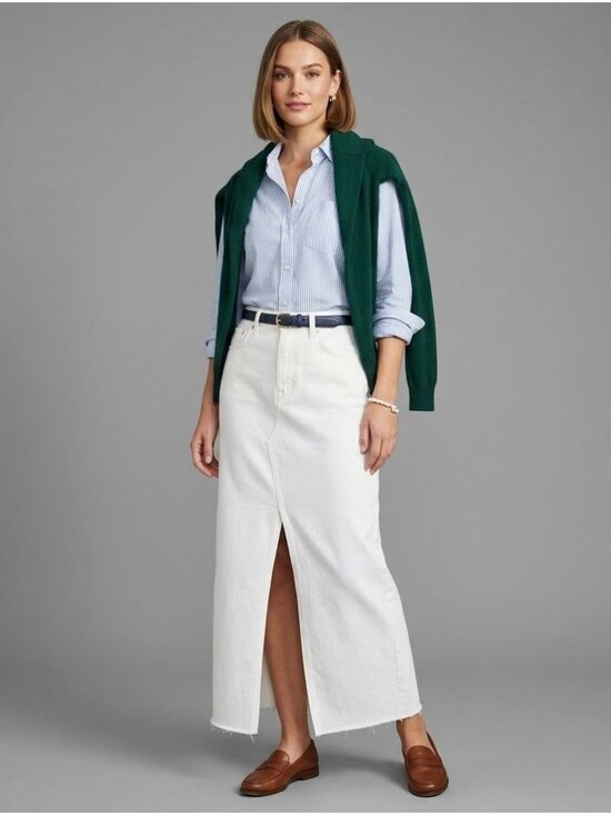J.Crew Dresses & Skirts - J.Crew White Denim Maxi Skirt 24 High Slit Modesty Frayed Hem Preppy Clean